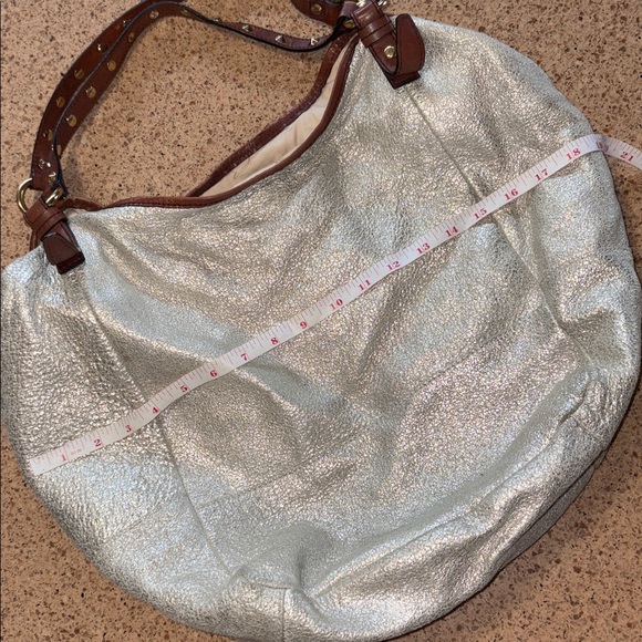 J.Crew Metallic Beacon Tote Bag Silver Brown Leather Studded Handle Large Size - Picture 3 of 14